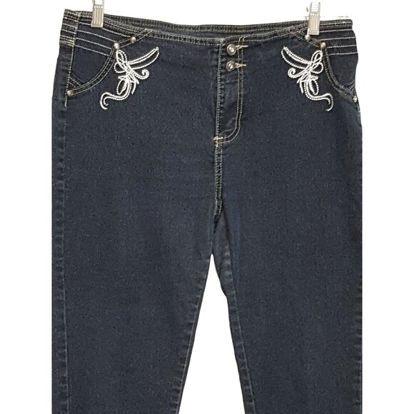 Miss Pirate Skinny Denim Jeans Women's 15 Blue Low Rise Dark Wash Embellished 34 - Picture 2 of 6